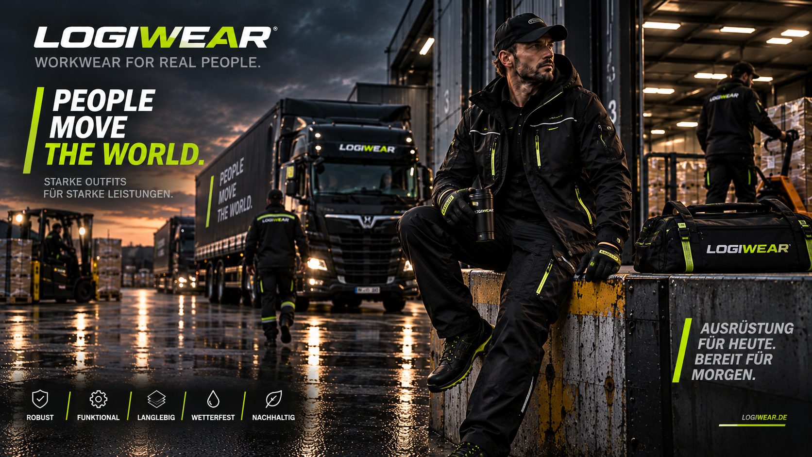 LOGIWEAR-Mitarbeiter mit Thermobecher und Ausrüstungstasche an einem Verladetor