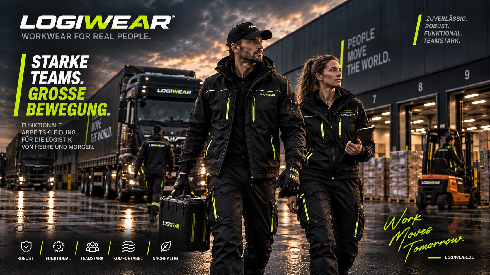Zwei LOGIWEAR-Mitarbeitende in funktionaler Berufsbekleidung auf dem Betriebshof, im Hintergrund Sattelzüge und ein Lagertor