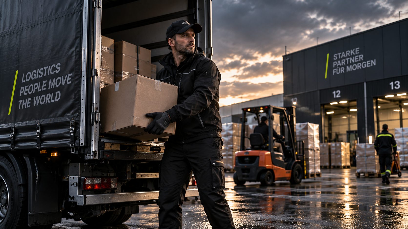 Mitarbeiter lädt einen Karton aus einem LKW, im Hintergrund ein Gabelstapler am Verladetor